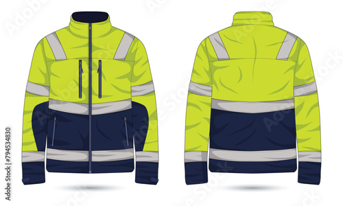 Hi Vis jacket template front and back view. Hi Vis work jacket mockup