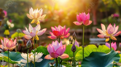 Colorful Lotus in The Grass On a Sunny Spring Day