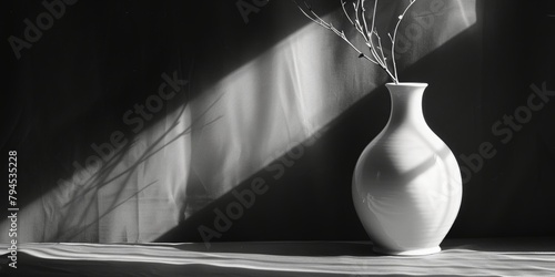A white vase sits on a table in front of a window, casting a shadow on the table