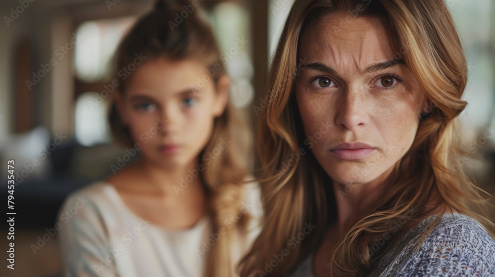 Indoor portrait of a stern mother whose pre-teen daughter has recently gotten into trouble. Indoor portrait of a stern mother whose pre-teen daughter has recently gotten into trouble.