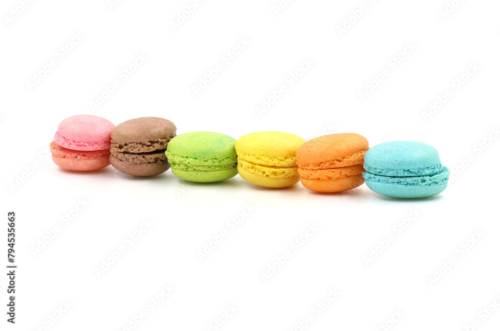 Sweet colorful macarons isolated on white background. Tasty colourful macaroons. Sweet colorful macarons isolated on white background. Tasty colourful macaroons.
