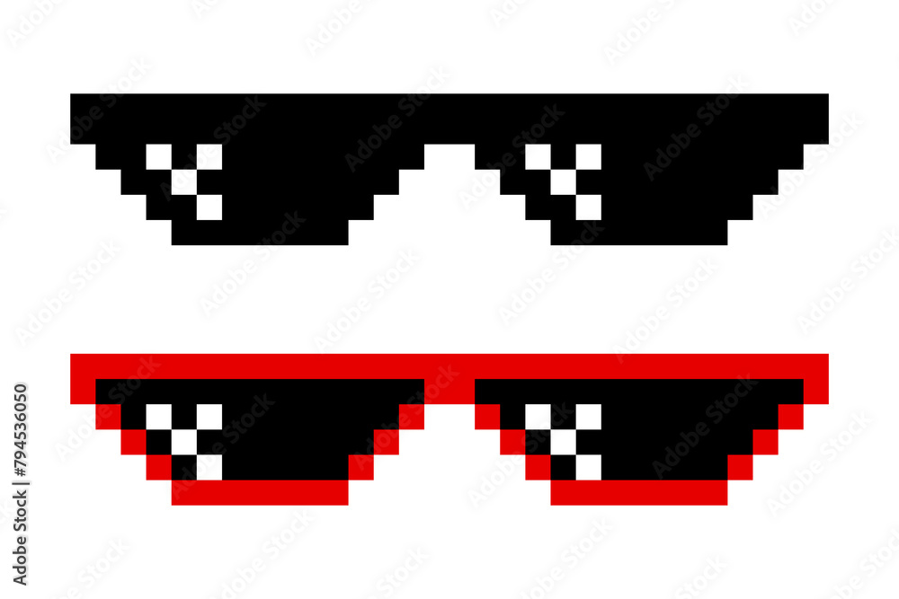 Vecteur Stock Pixelated Sunglasses Set. Pixel Boss Glasses 8 bit Style. Meme Game 8 bit Sunglasses Design Template Isolated Adobe Stock