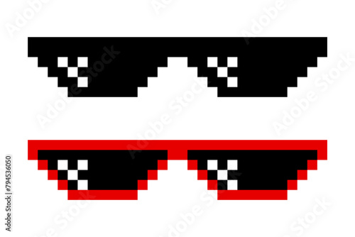 Pixelated Sunglasses Set. Pixel Boss Glasses, 8 bit Style. Meme Game 8-bit Sunglasses Design Template, Isolated