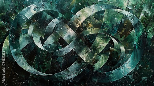 an abstract painting depicting a chaotic and asymmetric arrangement of overlapping and intertwined ribbons of a consistent widths in the colors of green and silver and blue 