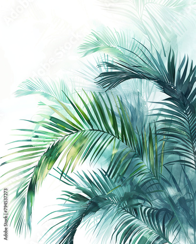 Watercolor illustration background with tropical palm leaves.	
