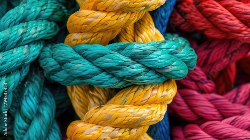 Colorful various ropes are woven into a knot. Teamwork concept.