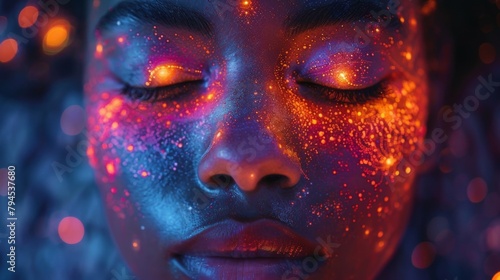 A closeup of a persons face with closed eyes surrounded by colorful dreamlike imagery representing the exploration of the subconscious and deeper spiritual consciousness.