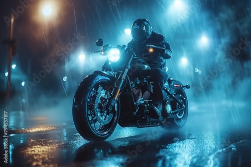 Close-up of high power motorcycle chopper with man rider at night, Fog with backlights copy space for text photo
