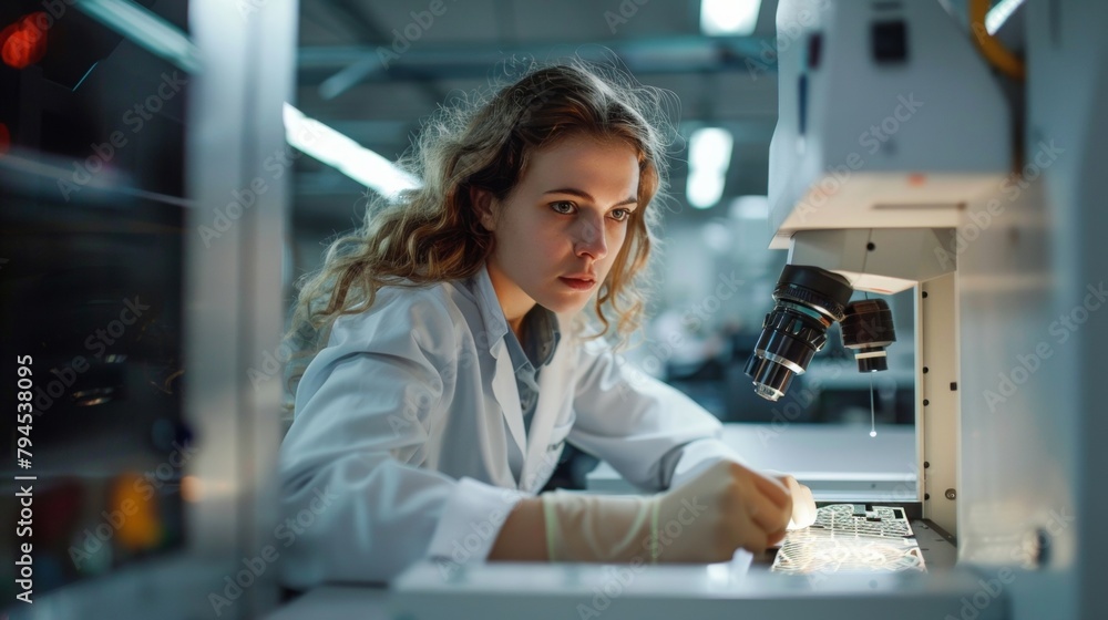 A woman in a sleek white lab coat expertly uses a laser ter to etch intricate designs onto a sheet of metal. The contrast between her precise movements and the powerful machine highlights .