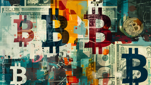  abstract background of dollar bills and bitcoin symbols in multiple colors in the digital art style