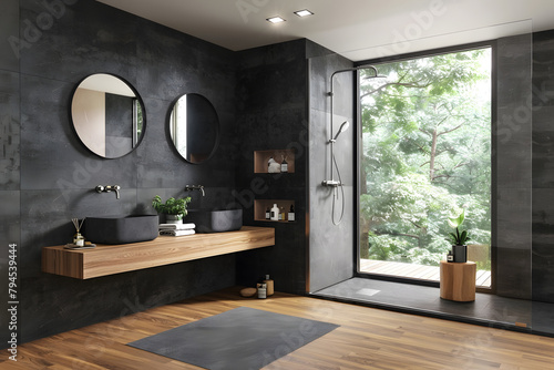 Contemporary modern bathroom interior in dark black colors and concrete elements.