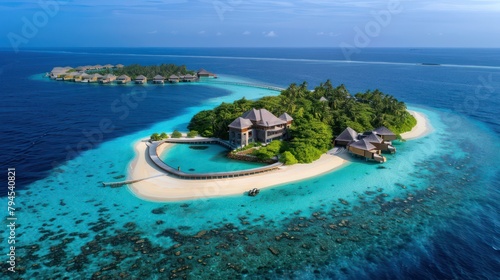 Tropical Beach with traditional Huts and palm trees on beautiful seashore background