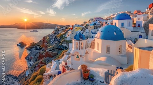 Fantastic Mediterranean Santorini island, Greece. Amazing romantic sunrise in Oia background, morning light. Amazing sunset view with white houses blue domes. Panoramic travel landscape. Lovers island photo