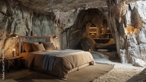 A bedroom in a cave with a bed, nightstand, and lamp