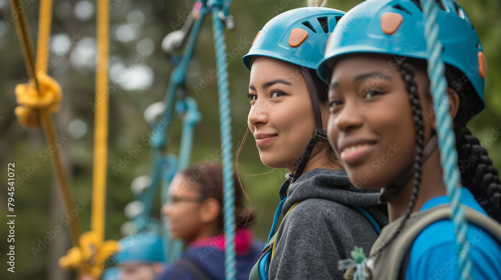 Teachers and students engaging in a team-building ropes course. Knowledge, friendship, respect for each other, education Teachers and students engaging in a team-building ropes course. Knowledge, friendship, respect for each other, education