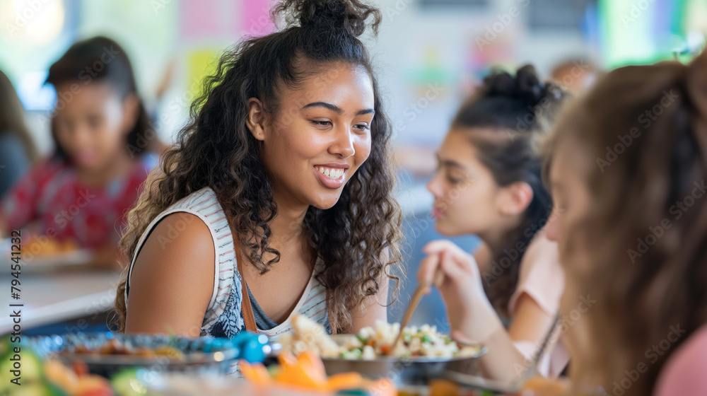 A teacher hosting a cultural exchange potluck for students. Knowledge, friendship, respect for each other, education A teacher hosting a cultural exchange potluck for students. Knowledge, friendship, respect for each other, education