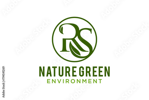 Initials R and S logo design with green leaf-shaped elements, symbolizes a natural and environmentally friendly ecosystem.