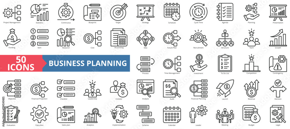 Business planning icon collection set. Containing project management, statistics, continuous, blueprint, target, strategy, schedule icon. Simple line vector.