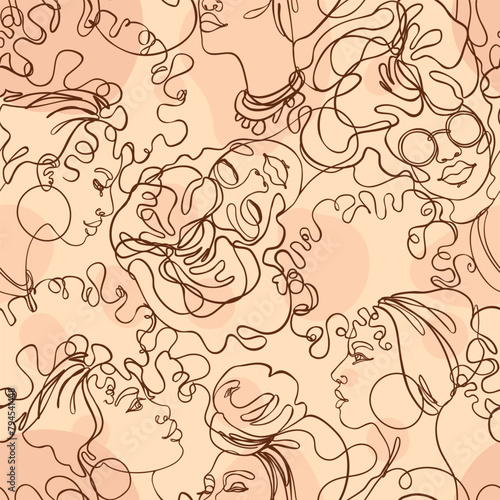 Abstract seamless pattern in modern simple style. Female faces. One line draw...