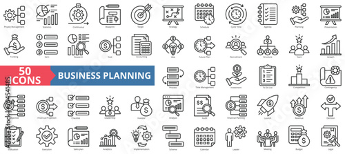 Business planning icon collection set. Containing project management, statistics, continuous, blueprint, target, strategy, schedule icon. Simple line vector.