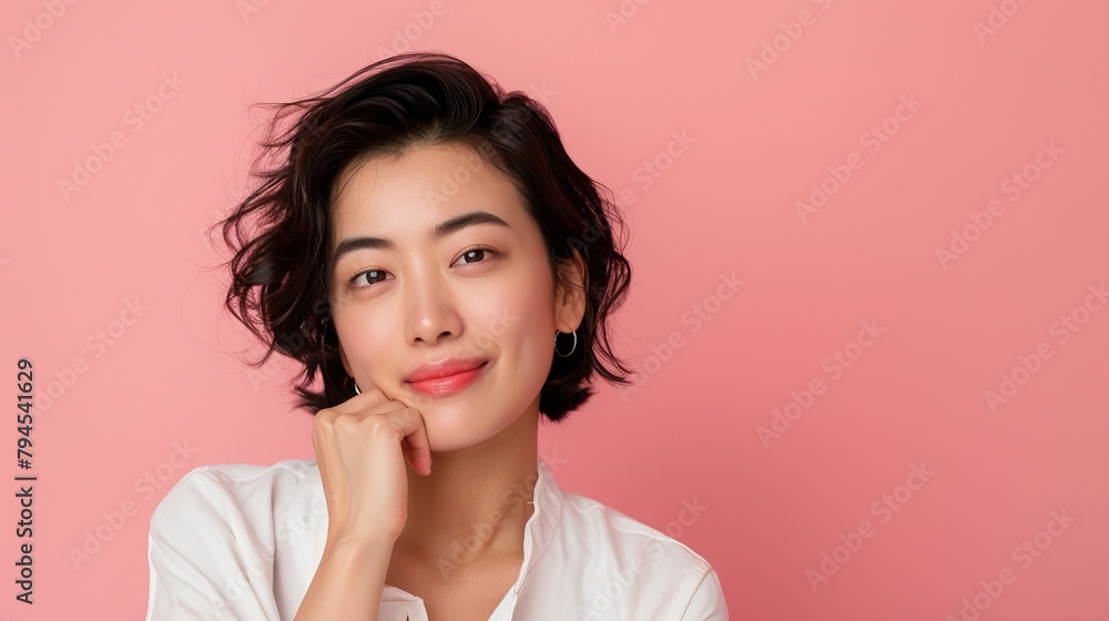 Sophisticated Asian woman on a uniform pink background, smiling subtly, hand on chin, reflecting contemplation and elegance, styled as minimalist chic. Sophisticated Asian woman on a uniform pink background, smiling subtly, hand on chin, reflecting contemplation and elegance, styled as minimalist chic.