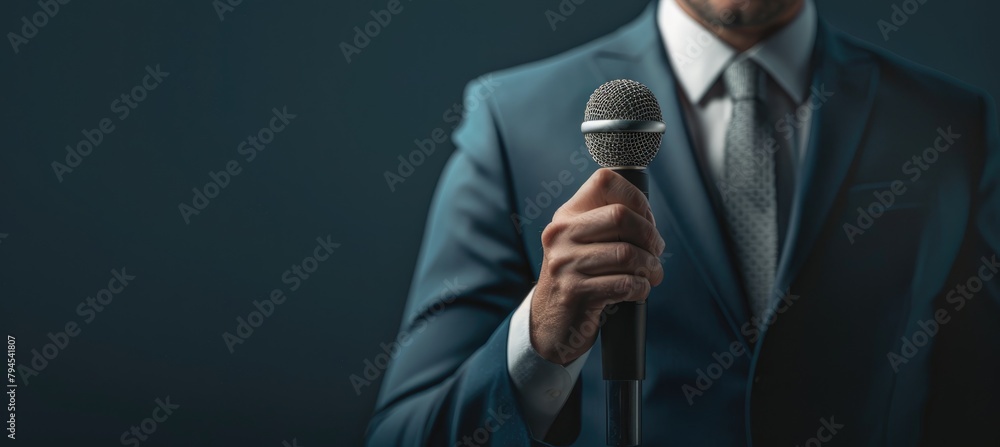 businessman hold microphone for presentation with copyspace businessman hold microphone for presentation with copyspace