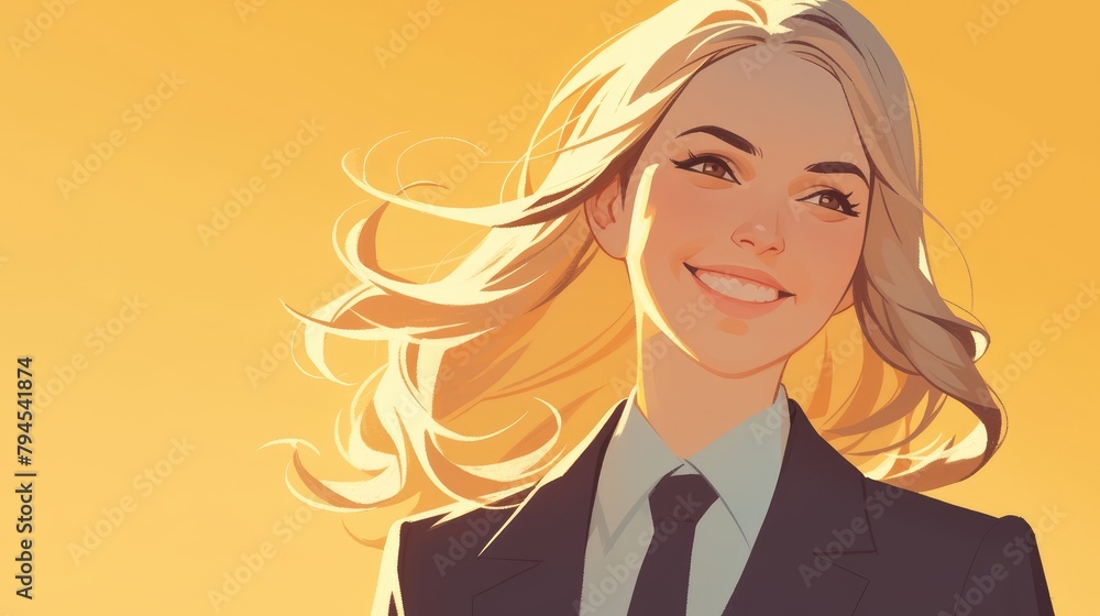 A young Caucasian woman with blonde hair is elegantly dressed in a suit radiating positivity A young Caucasian woman with blonde hair is elegantly dressed in a suit radiating positivity