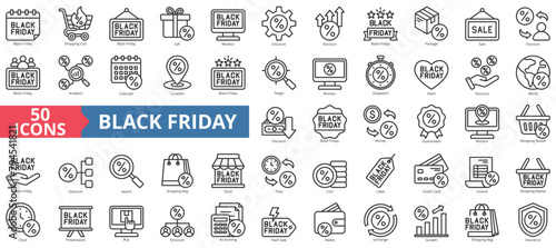 Black friday icon collection set. Containing gift, monitor, discount, sale, analytics, calendar, location icon. Simple line vector.