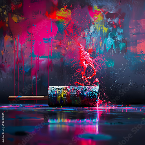 Roller brush with a bright paint splash eye-level photo