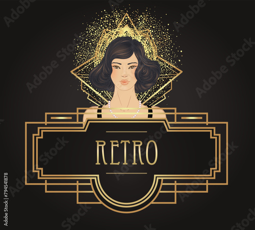 Retro fashion, glamour girl of twenties. Asian pretty woman. Vector illustration. Flapper 20s style. Vintage party invitation design template. Fancy asian lady.