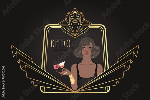 Retro fashion, glamour girl of twenties. African American woman. Vector illustration. Flapper 20s style. Vintage party invitation design template. Fancy black lady.