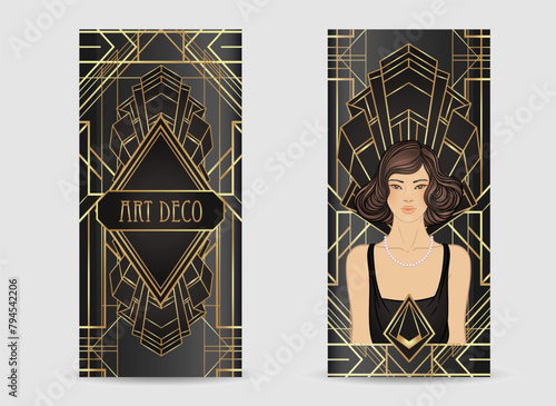 Retro fashion, glamour girl of twenties. Asian pretty woman. Vector illustration. Flapper 20s style. Vintage party invitation design template. Fancy asian lady.