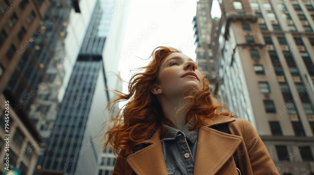 Teen redhead girl in broad avenue flanked by tall buildings seeming carefree as she walks with a light step, deeply into her music feeling liberated and blissful.