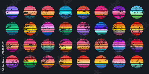 Grunge vintage sunset collection. Colorful striped sunrise badges in 80s and 90s style. Sun and ocean view, summer vibes, surfing. Design element for print, logo or t-shirt. Vector illustration