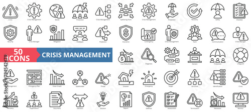 Crisis management icon collection set. Containing world, protection, gathering point, recovery, safety, checklist, security icon. Simple line vector.