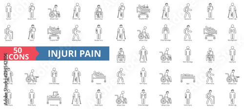 Injury pain icon collection set. Containing human, broken arm, wheel chair, leg, hospital bed, walking man, patient icon. Simple line vector.