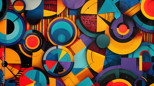Abstract art made of circles and shapes in vibrant colors, with geometric patternsm, colorful background
