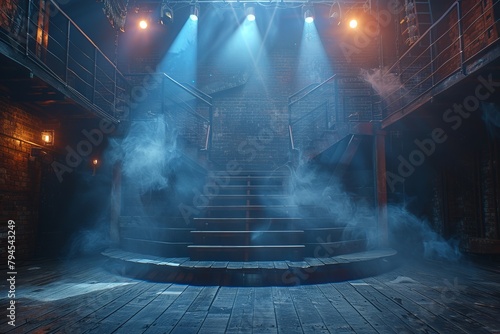 a stage with stairs and smoke coming out of it