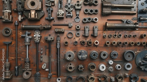 High angle view of machine parts on wooden table