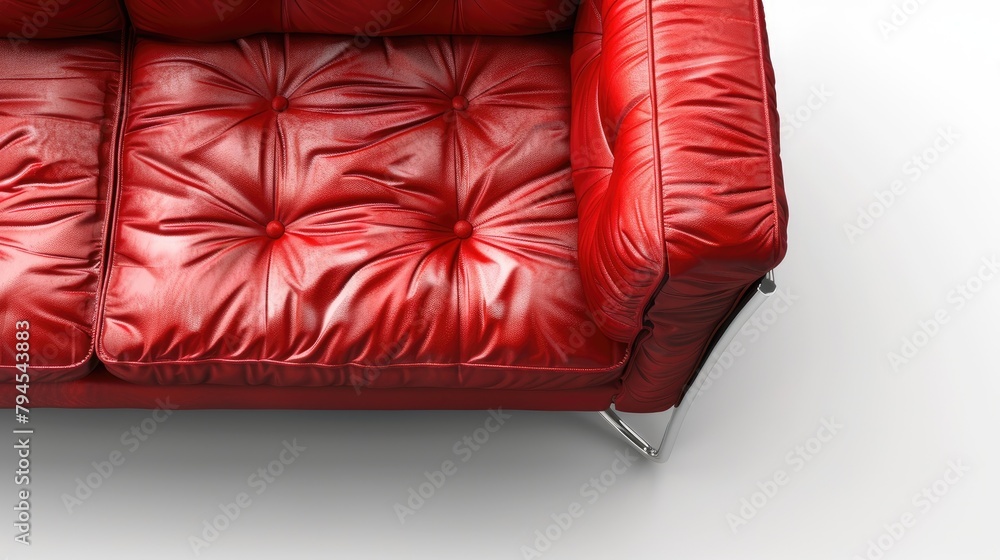 Red leather sofa with stainless steel legs viewed from above against a white background Background isolated Red leather sofa with stainless steel legs viewed from above against a white background Background isolated