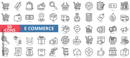 Ecommerce icon collection set. Containing shopping cart, sale tag, bag, credit cards, search, basket, quality icon. Simple line vector.