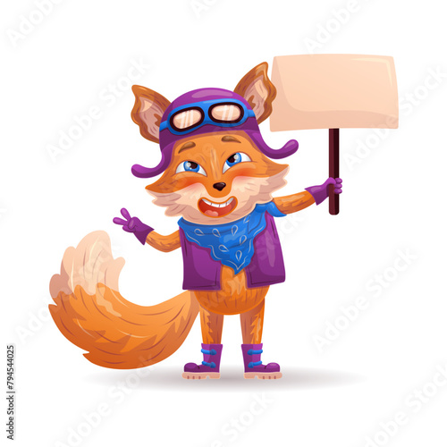 Fox character stands with empty sign. Cartoon fox as a biker, racer, mechanic. Character design. Vector illustration.