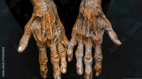 Hands with arthrosis, arthritis or psoriatic arthritis, inflammatory of joints, pain, concept of health condition being reduced. and restricted. photo