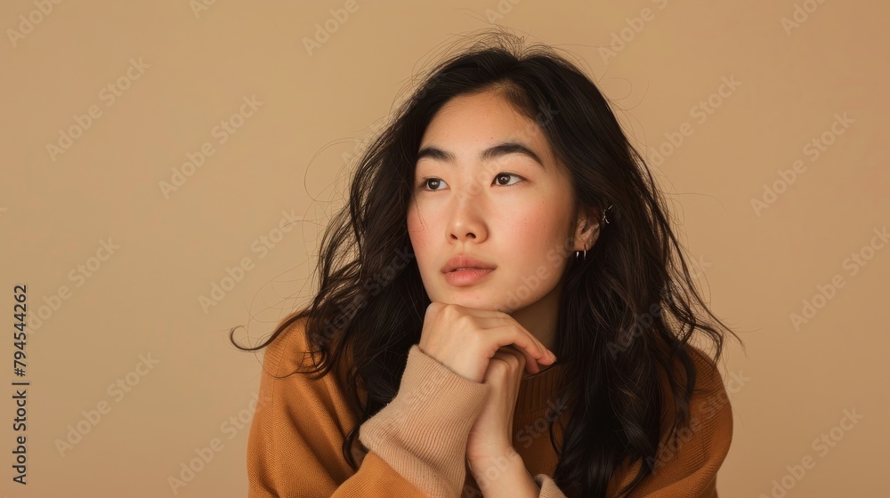 Thoughtful young Asian woman, looking away with a contemplative gaze, seated against a simple beige background, reflecting introspection and depth, hands clasped, styled as a soft-focus portrait. Thoughtful young Asian woman, looking away with a contemplative gaze, seated against a simple beige background, reflecting introspection and depth, hands clasped, styled as a soft-focus portrait.