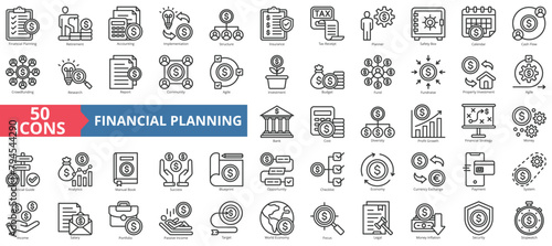 Financial planning icon collection set. Containing retirement, accounting, implementation, structure, insurance, tax receipt, planner icon. Simple line vector.