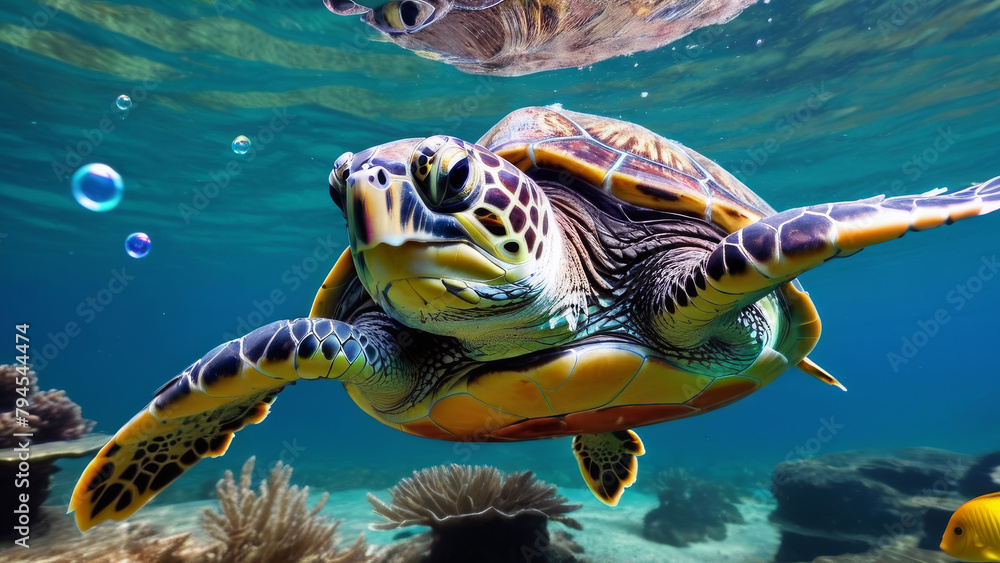 Fototapeta premium Close-up image of an amphibious turtle wandering underwater