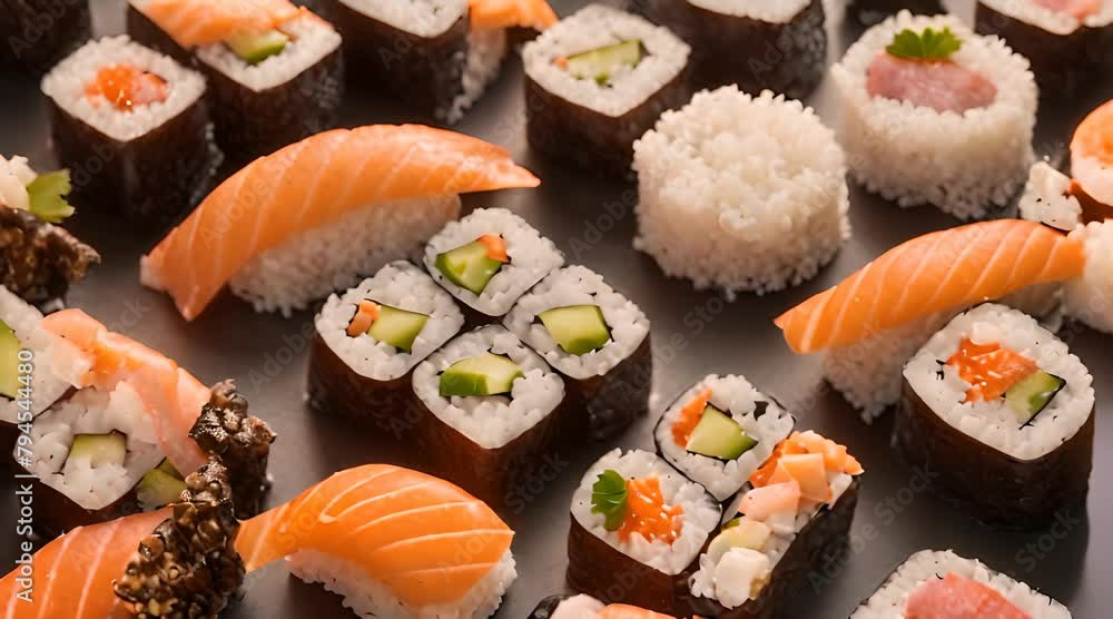 A close-up shot of sushi rolls with glistening fish, highlighting the freshness and quality of the ingredients A close-up shot of sushi rolls with glistening fish, highlighting the freshness and quality of the ingredients