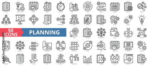 Planning icon collection set. Containing implementation, planner, memo, stopwatch, project, process, iteration icon. Simple line vector.