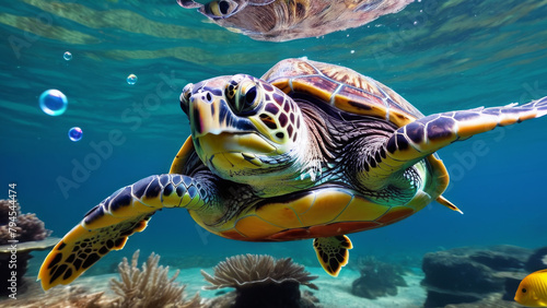 Close-up image of an amphibious turtle wandering underwater photo
