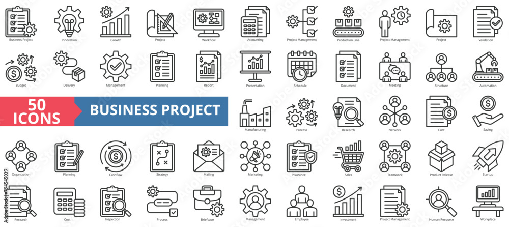 Business project icon collection set. Containing innovation, growth, workflow, accounting, management, production line, validation icon. Simple line vector. Business project icon collection set. Containing innovation, growth, workflow, accounting, management, production line, validation icon. Simple line vector.